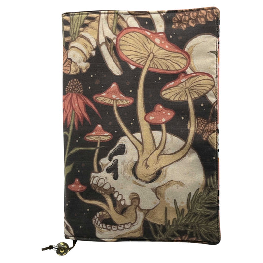 Skull and Mushroom Fabric Book Cover with Green Decorative Bead